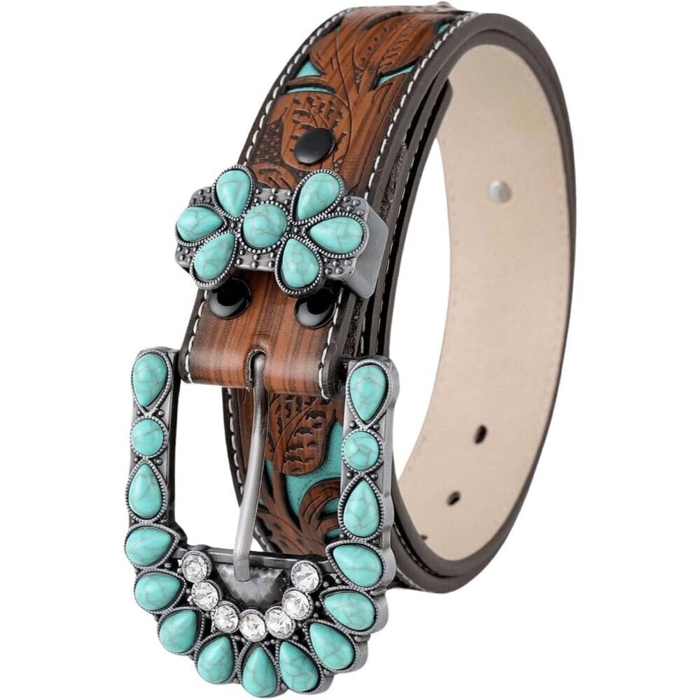 Women's Leather Western Belt Embossed Waist Country Beaded for Jeans